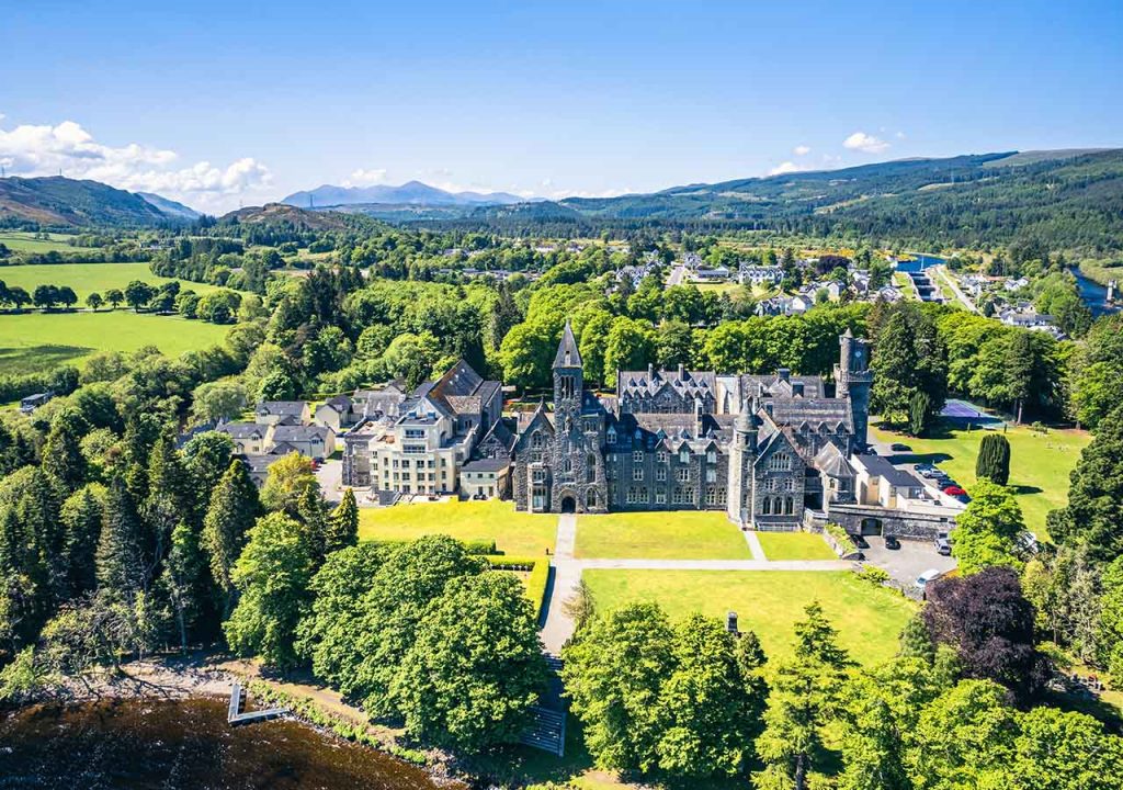 Aerial view of the historic abbey in Fort Augustus