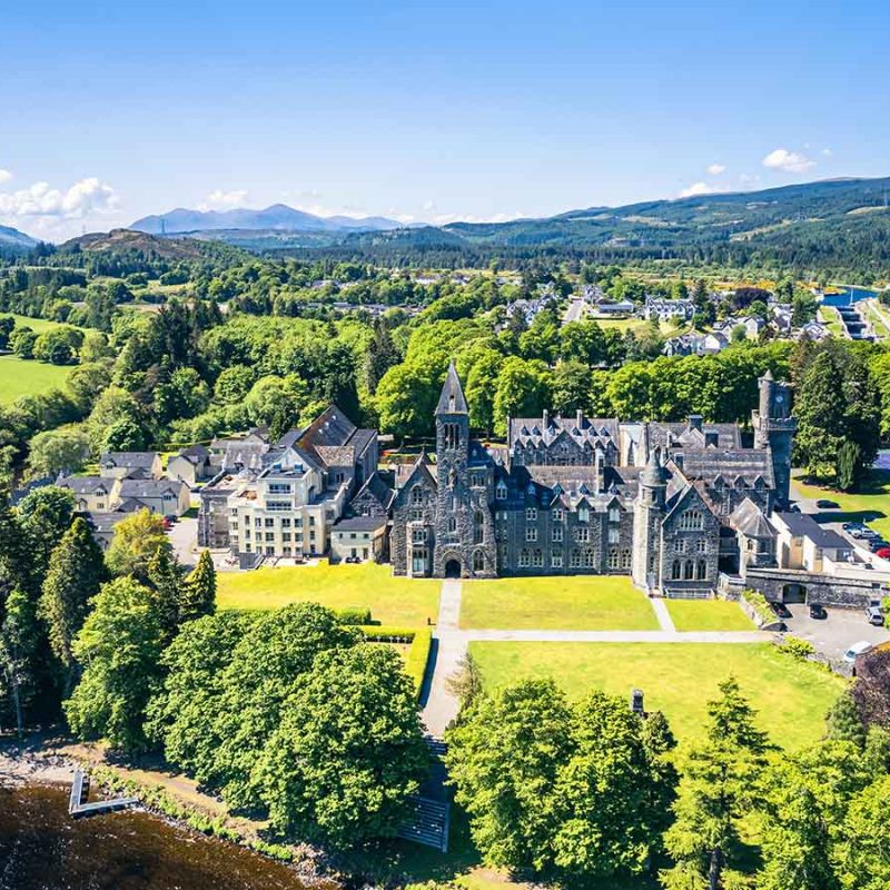 Aerial view of the historic abbey in Fort Augustus