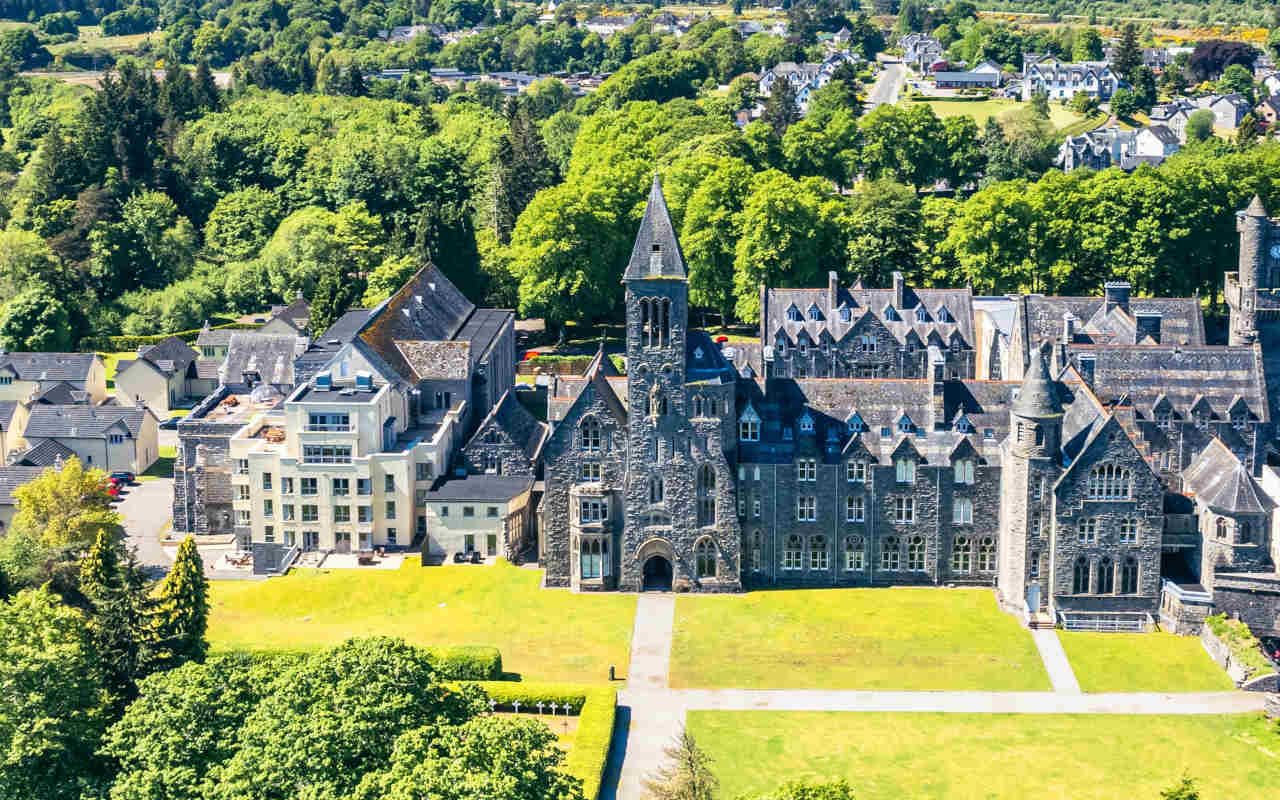 Aerial view of the historic abbey in Fort Augustus