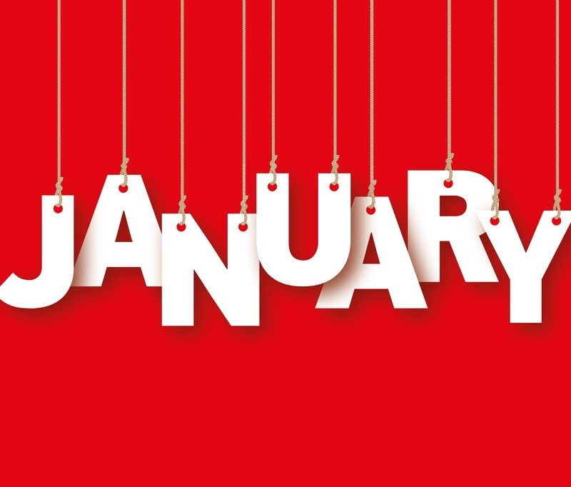 January Sale holidays banner with white writing over a red background.