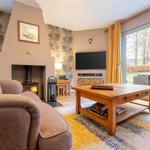 Strath Glass accommodation&#039;s living room with burning stove at Abbey Holidays Loch Ness