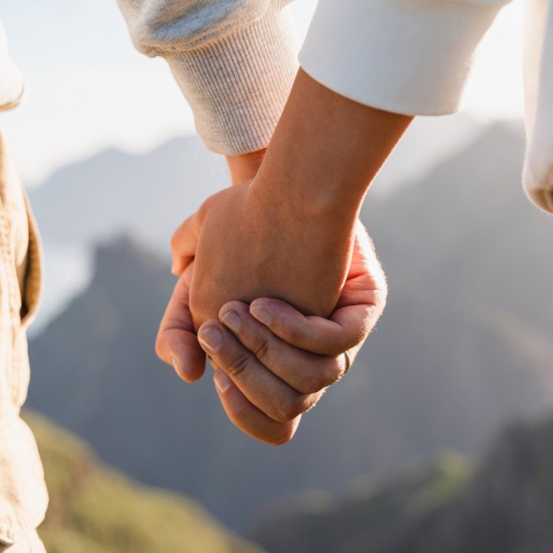 Couple or two friends holding hands outdoors